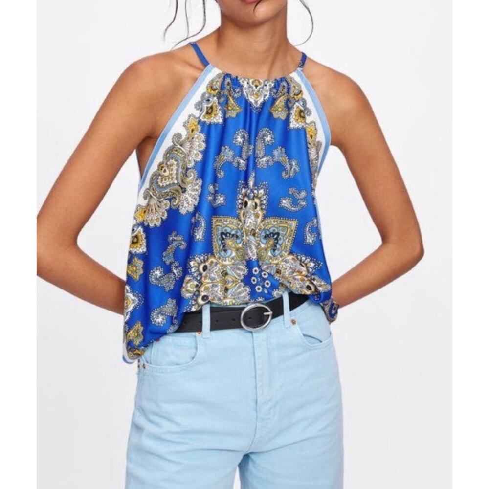 Zara Blue Paisley Floral Scarf Handkerchief Halter Top Boho Bandana Tank Small